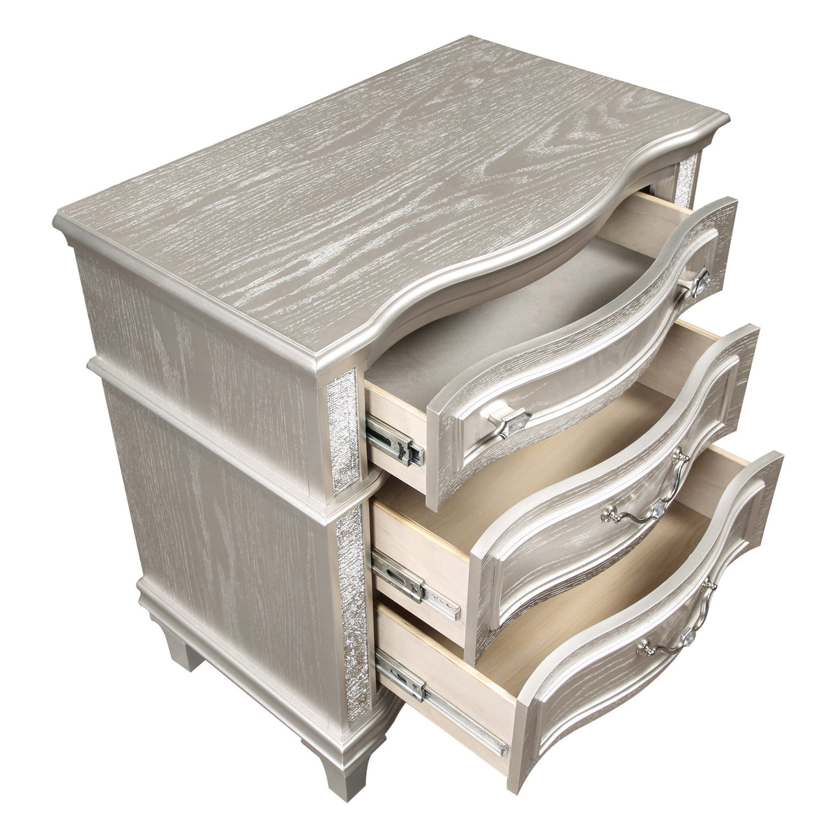 Inz 32 Inch 3 Drawer Nightstand, Elegant Trim Details, Silver Finish   - BM297261