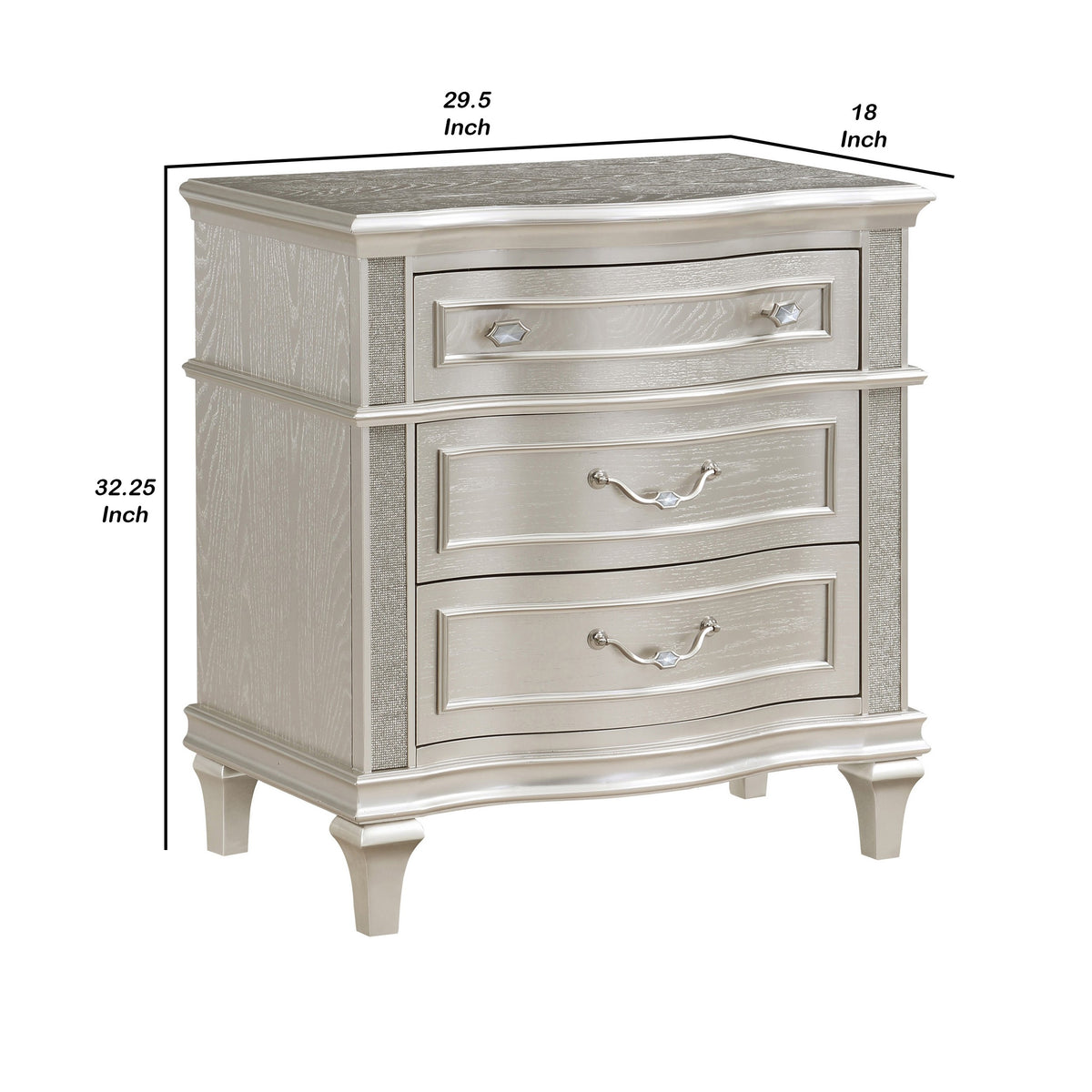 Inz 32 Inch 3 Drawer Nightstand, Elegant Trim Details, Silver Finish   - BM297261