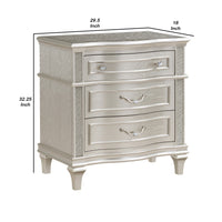 Inz 32 Inch 3 Drawer Nightstand, Elegant Trim Details, Silver Finish   - BM297261