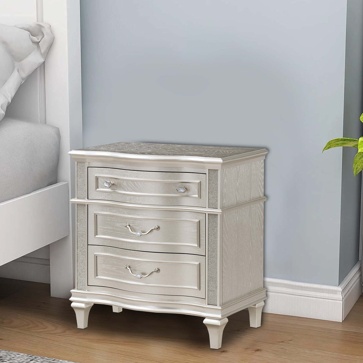 Inz 32 Inch 3 Drawer Nightstand, Elegant Trim Details, Silver Finish   - BM297261