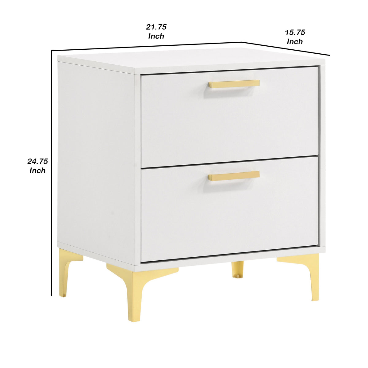 Lif 25 Inch Modern 2 Drawer Nightstand, Gold Metal Accents, Pure White  - BM297267