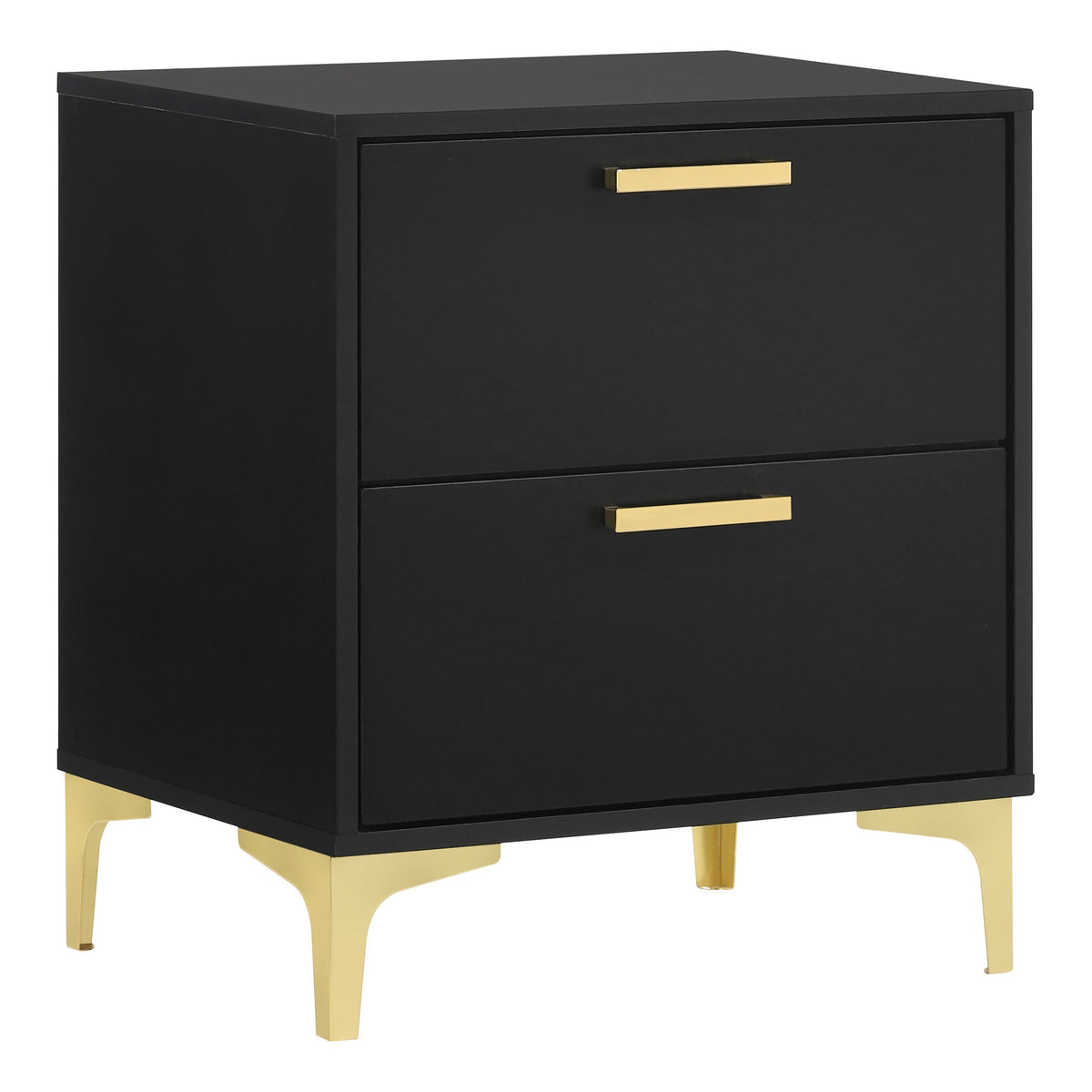 Lif 25 Inch Modern 2 Drawer Nightstand, Gold Metal Accents, Jet Black   - BM297270