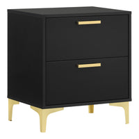 Lif 25 Inch Modern 2 Drawer Nightstand, Gold Metal Accents, Jet Black   - BM297270