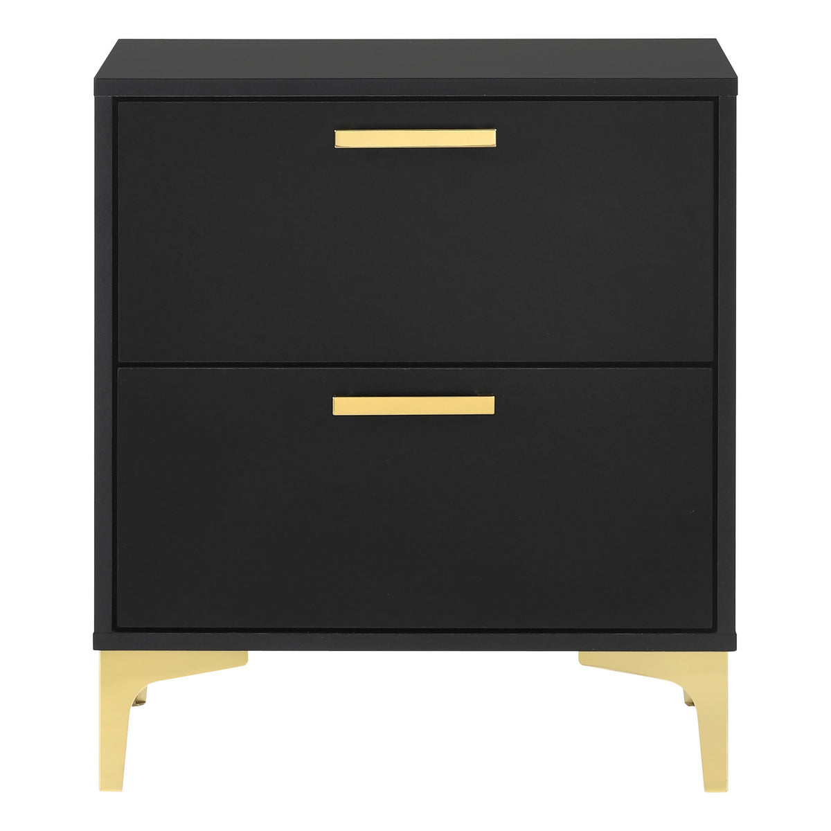 Lif 25 Inch Modern 2 Drawer Nightstand, Gold Metal Accents, Jet Black   - BM297270