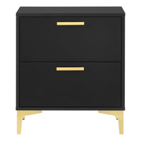 Lif 25 Inch Modern 2 Drawer Nightstand, Gold Metal Accents, Jet Black   - BM297270