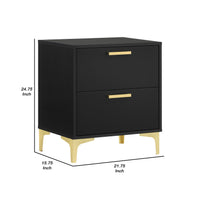 Lif 25 Inch Modern 2 Drawer Nightstand, Gold Metal Accents, Jet Black   - BM297270