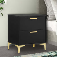 Lif 25 Inch Modern 2 Drawer Nightstand, Gold Metal Accents, Jet Black   - BM297270