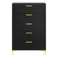 Lif 50 Inch Modern 5 Drawer Tall Dresser Chest, Gold Accents, Smooth Black  - BM297271
