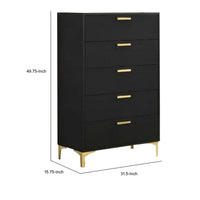Lif 50 Inch Modern 5 Drawer Tall Dresser Chest, Gold Accents, Smooth Black  - BM297271