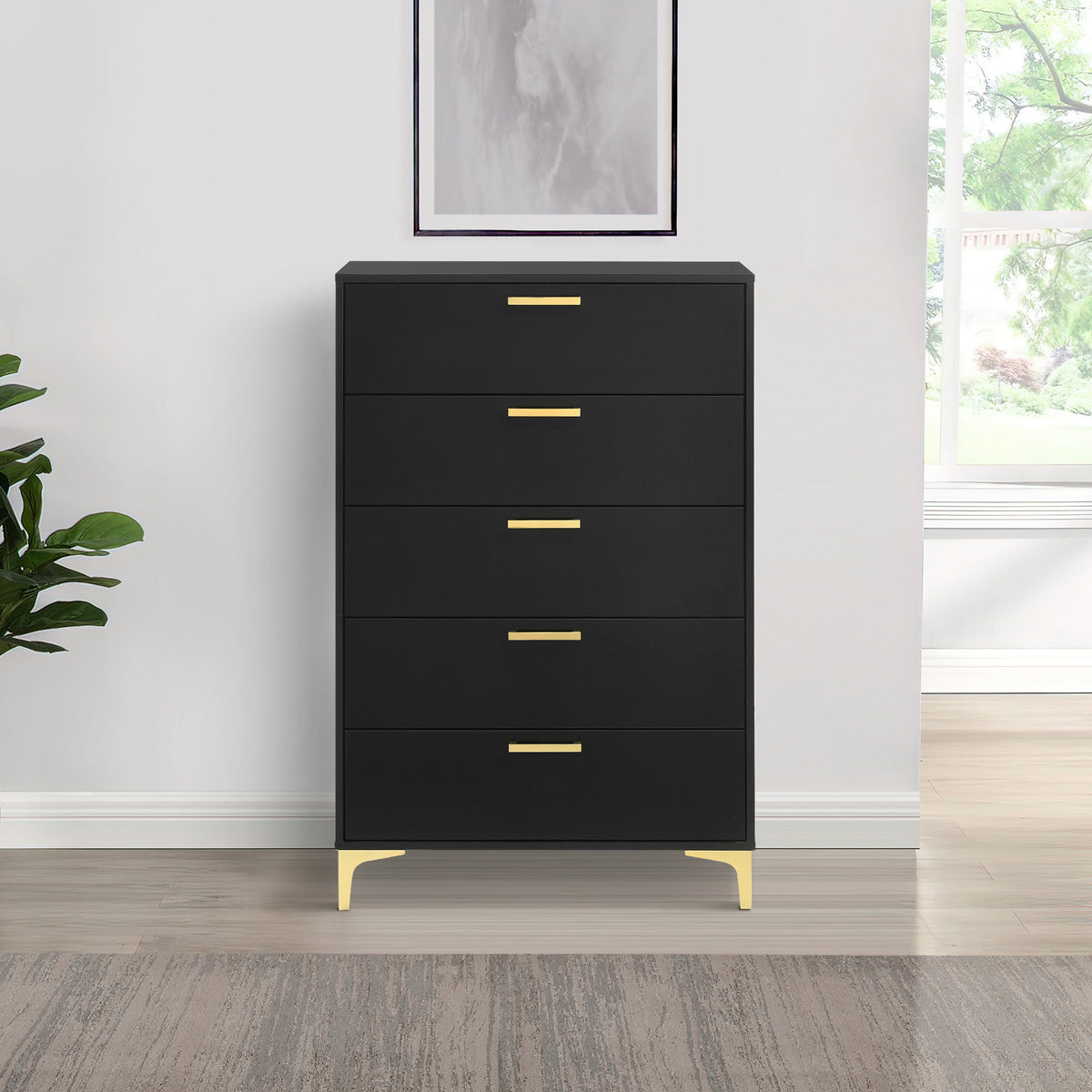 Lif 50 Inch Modern 5 Drawer Tall Dresser Chest, Gold Accents, Smooth Black  - BM297271