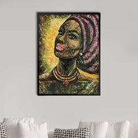 Rin 30 x 39 Hand Painted African Woman, Resin Coat, Warm Greens and Yellows - BM298931