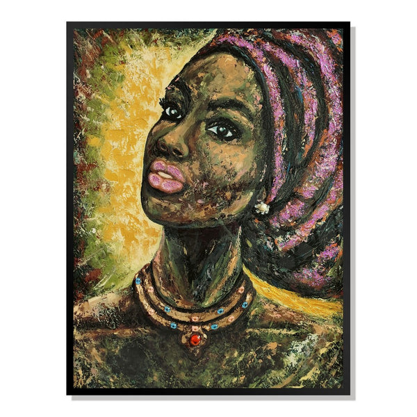 Rin 30 x 39 Hand Painted African Woman, Resin Coat, Warm Greens and Yellows - BM298931