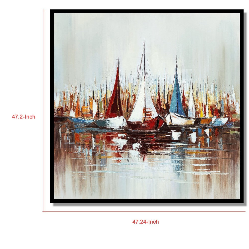 Hy 47 x 47 Hand Painted Multicolor Boats in Standing Water, Black PS Frame  - BM298934