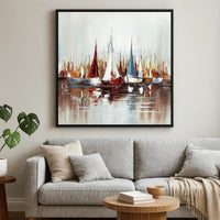 Hy 47 x 47 Hand Painted Multicolor Boats in Standing Water, Black PS Frame  - BM298934