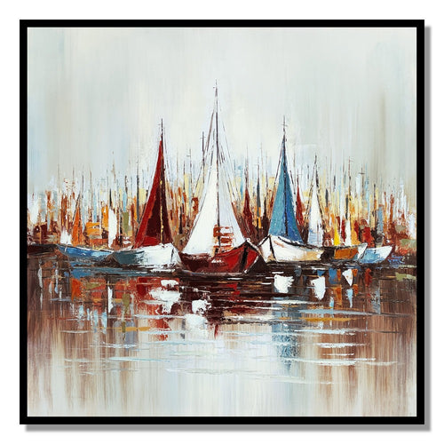 Hy 47 x 47 Hand Painted Multicolor Boats in Standing Water, Black PS Frame  - BM298934