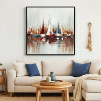 Hy 47 x 47 Hand Painted Multicolor Boats in Standing Water, Black PS Frame  - BM298934
