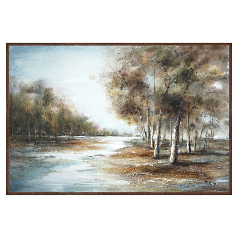 39 x 59 Hand Painted Forest Scenery, Resin Coat, Warm Blues and Browns - BM298938