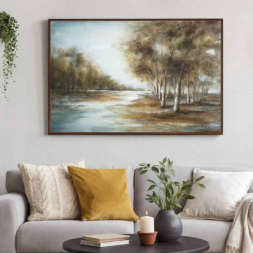 39 x 59 Hand Painted Forest Scenery, Resin Coat, Warm Blues and Browns - BM298938