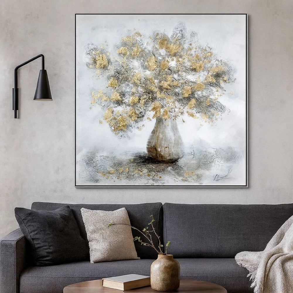 47 x 47 Modern Hand Painted Vase with Gold Foil Flowers and Silver Frame - BM298940