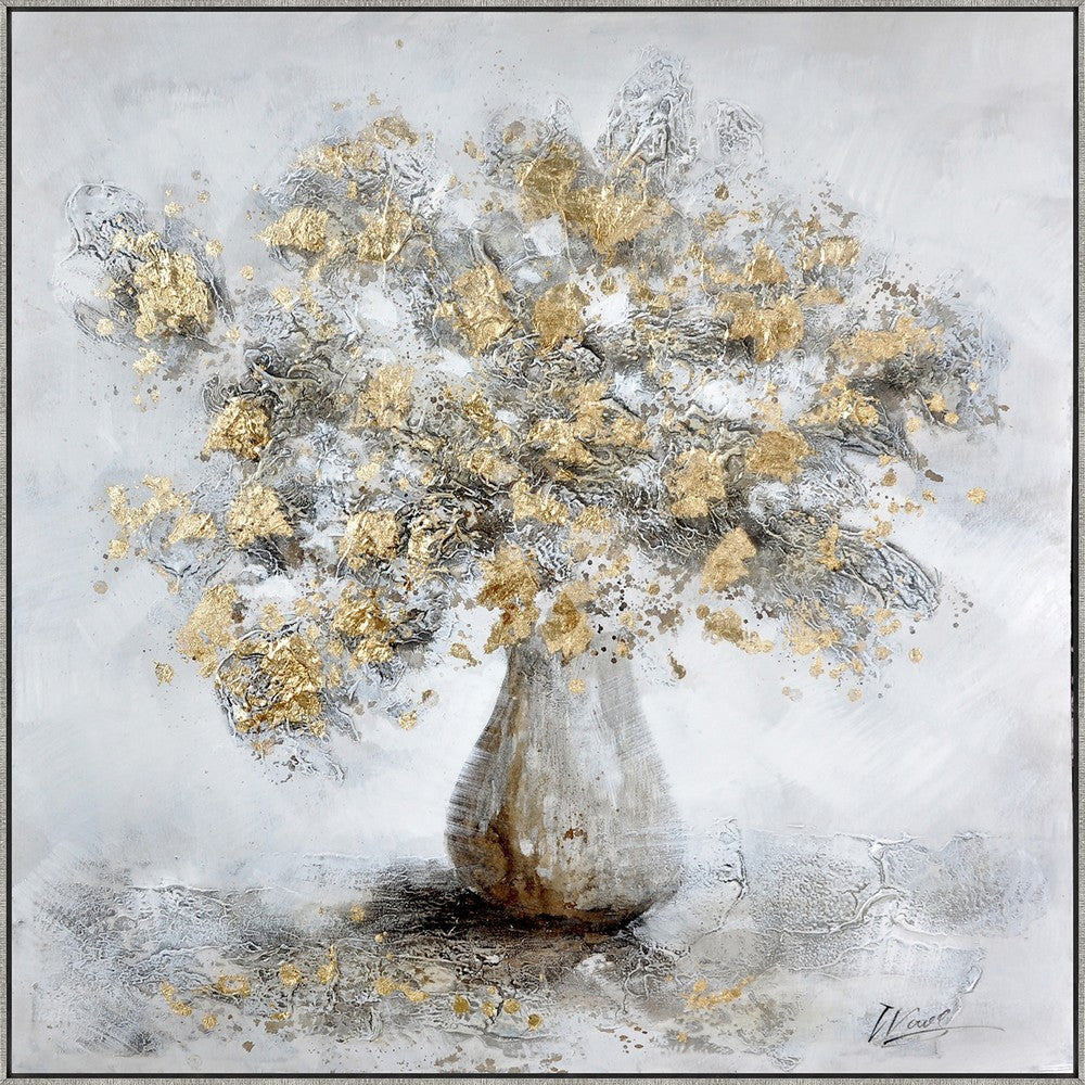 47 x 47 Modern Hand Painted Vase with Gold Foil Flowers and Silver Frame - BM298940