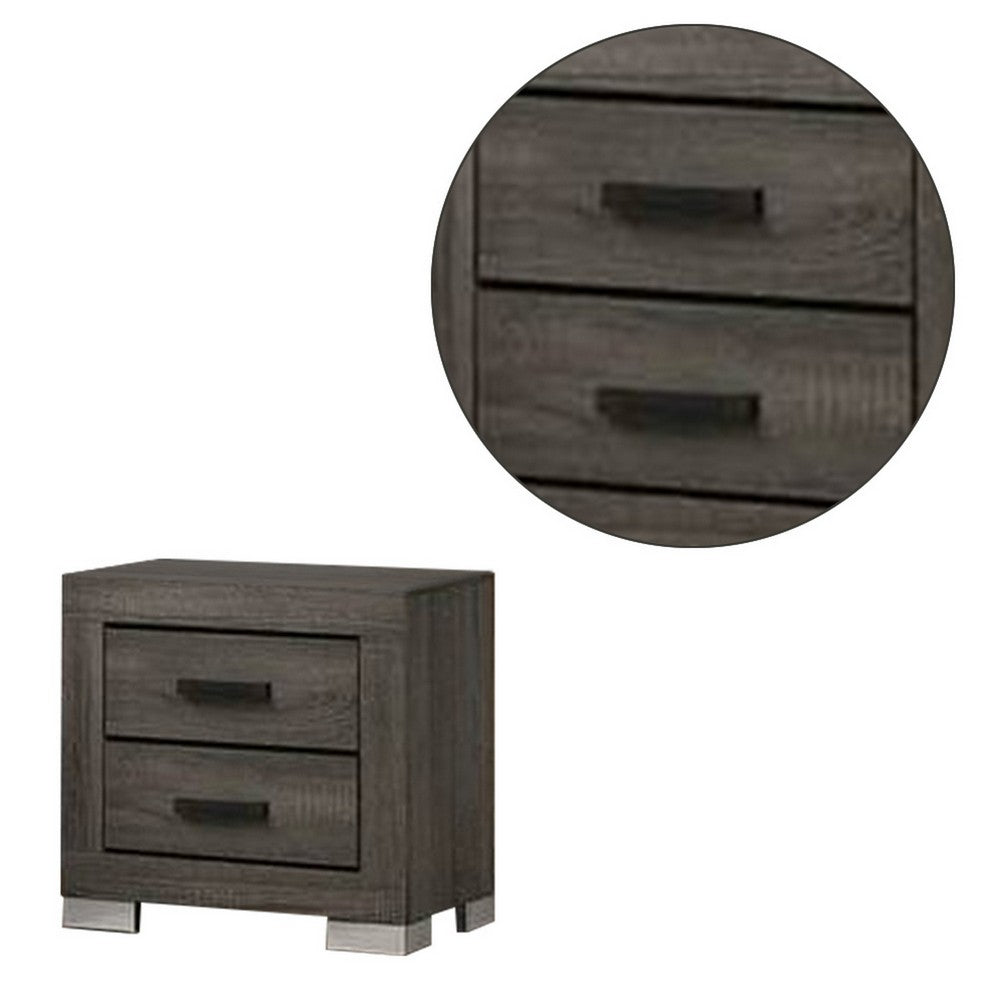Lola 22 Inch Wood Nightstand with 2 Drawers, Metal Bar Handles, Dark Gray - BM298943