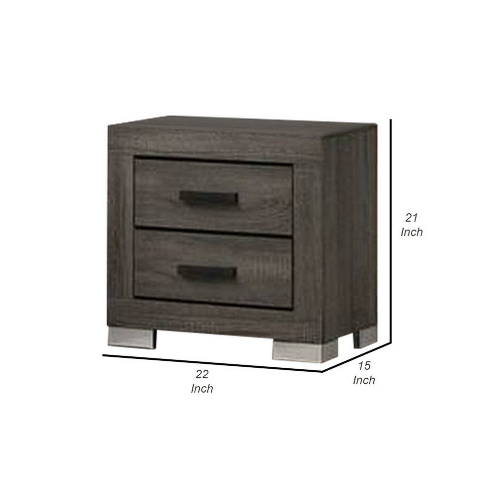 Lola 22 Inch Wood Nightstand with 2 Drawers, Metal Bar Handles, Dark Gray - BM298943