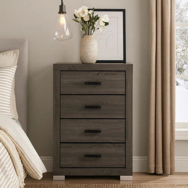 Lola 46 Inch Tall Dresser Chest, 4 Drawers, Metal Bar Handles, Dark Gray - BM298945