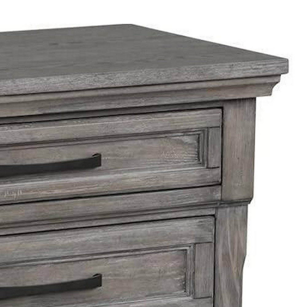 Demi 29 Inch Wood Nighstand with 3 Drawers, Metal Bar Handles, Oak Gray - BM298949