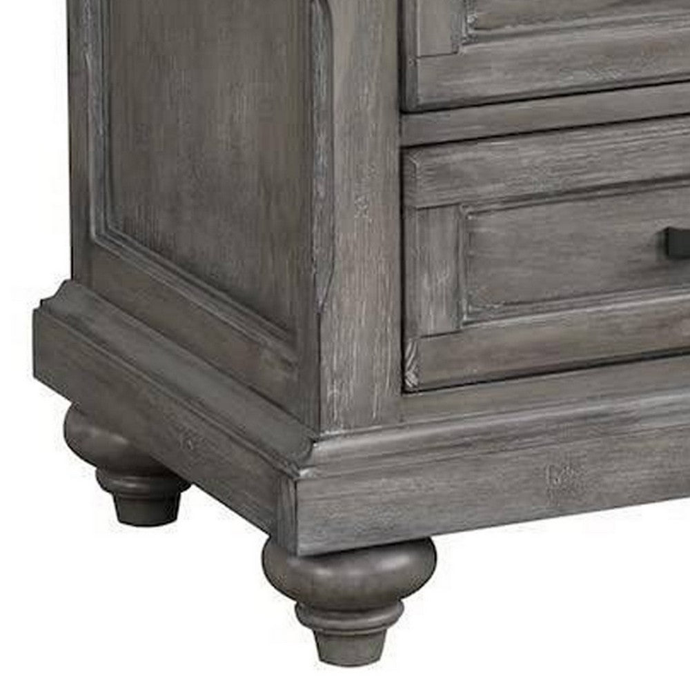 Demi 29 Inch Wood Nighstand with 3 Drawers, Metal Bar Handles, Oak Gray - BM298949