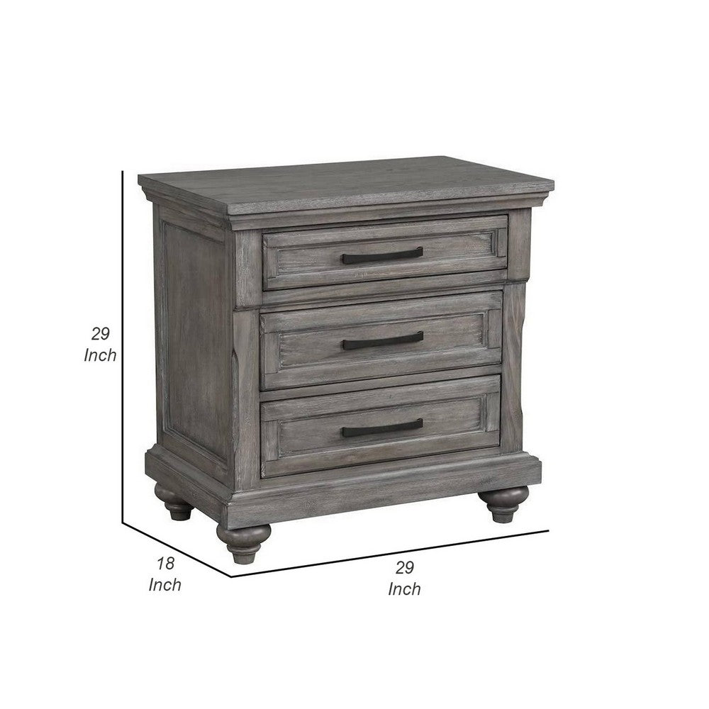 Demi 29 Inch Wood Nighstand with 3 Drawers, Metal Bar Handles, Oak Gray - BM298949