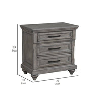 Demi 29 Inch Wood Nighstand with 3 Drawers, Metal Bar Handles, Oak Gray - BM298949