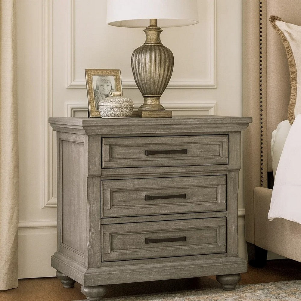 Demi 29 Inch Wood Nighstand with 3 Drawers, Metal Bar Handles, Oak Gray - BM298949