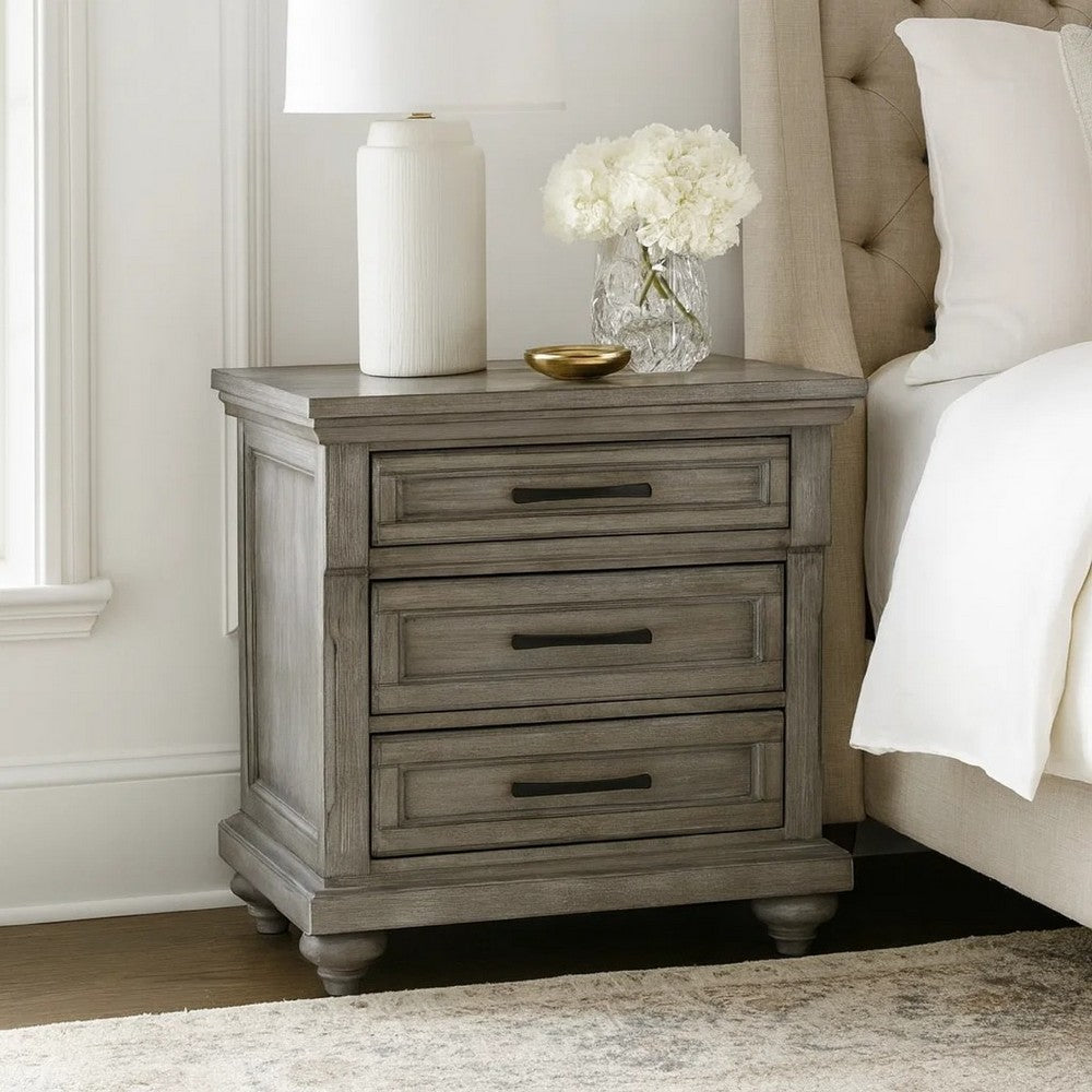 Demi 29 Inch Wood Nighstand with 3 Drawers, Metal Bar Handles, Oak Gray - BM298949