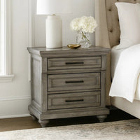 Demi 29 Inch Wood Nighstand with 3 Drawers, Metal Bar Handles, Oak Gray - BM298949