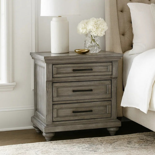 Demi 29 Inch Wood Nighstand with 3 Drawers, Metal Bar Handles, Oak Gray - BM298949