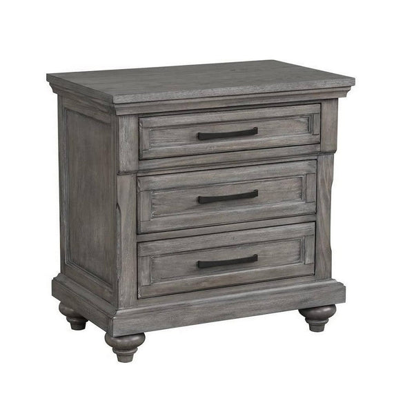 Demi 29 Inch Wood Nighstand with 3 Drawers, Metal Bar Handles, Oak Gray - BM298949
