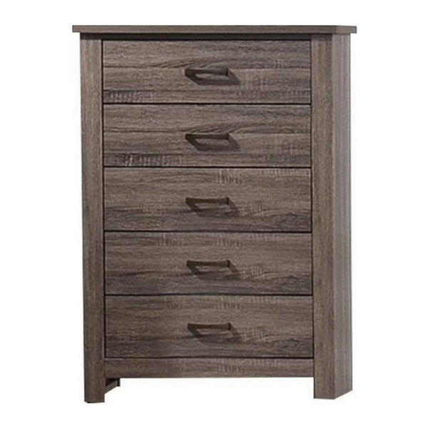 Soma 49 Inch Rustic 5 Drawer Tall Dresser Chest, Bar Handles, Oak Gray - BM298960
