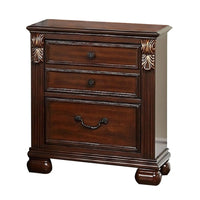 Miri 25 Inch 3 Drawer Nightstand, Brass Carved Accents, Cherry Oak Brown - BM298961