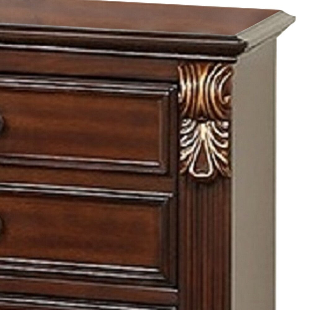 Miri 25 Inch 3 Drawer Nightstand, Brass Carved Accents, Cherry Oak Brown - BM298961
