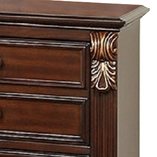 Miri 25 Inch 3 Drawer Nightstand, Brass Carved Accents, Cherry Oak Brown - BM298961