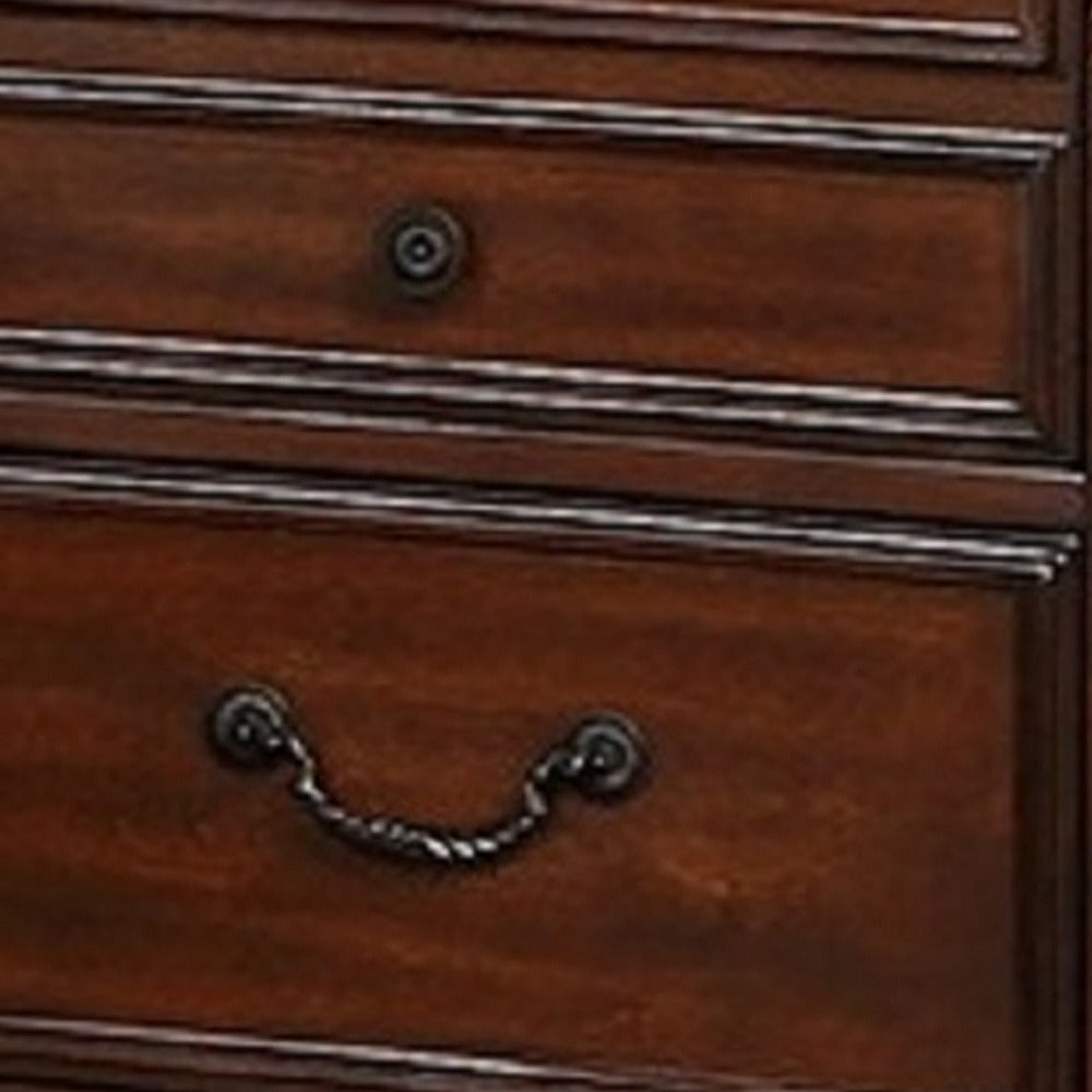 Miri 25 Inch 3 Drawer Nightstand, Brass Carved Accents, Cherry Oak Brown - BM298961