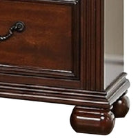 Miri 25 Inch 3 Drawer Nightstand, Brass Carved Accents, Cherry Oak Brown - BM298961