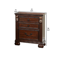 Miri 25 Inch 3 Drawer Nightstand, Brass Carved Accents, Cherry Oak Brown - BM298961