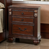 Miri 25 Inch 3 Drawer Nightstand, Brass Carved Accents, Cherry Oak Brown - BM298961