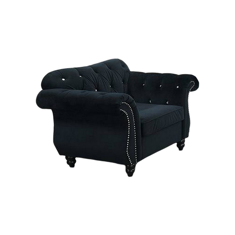 Rima 51 Inch Classic Accent Chair, Velvet Upholstery, Rolled Arms, Black - BM298991