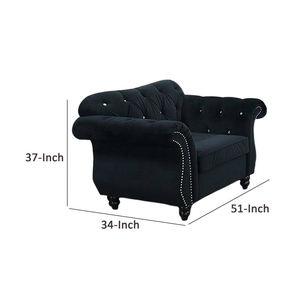 Rima 51 Inch Classic Accent Chair, Velvet Upholstery, Rolled Arms, Black - BM298991
