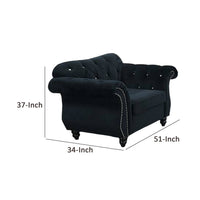 Rima 51 Inch Classic Accent Chair, Velvet Upholstery, Rolled Arms, Black - BM298991