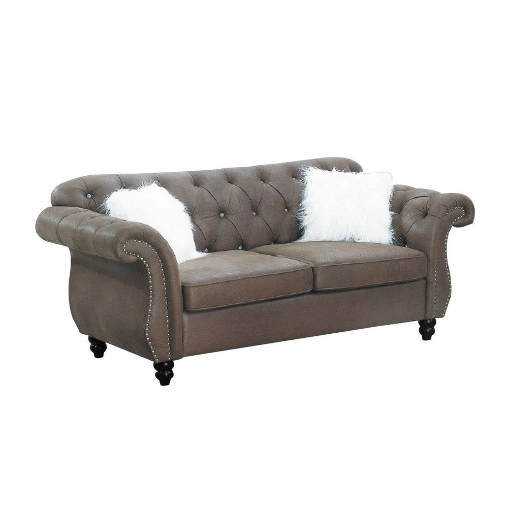 Rima 77 Inch Modern Loveseat, Faux Leather Cushions, Rolled Arms, Brown - BM298994