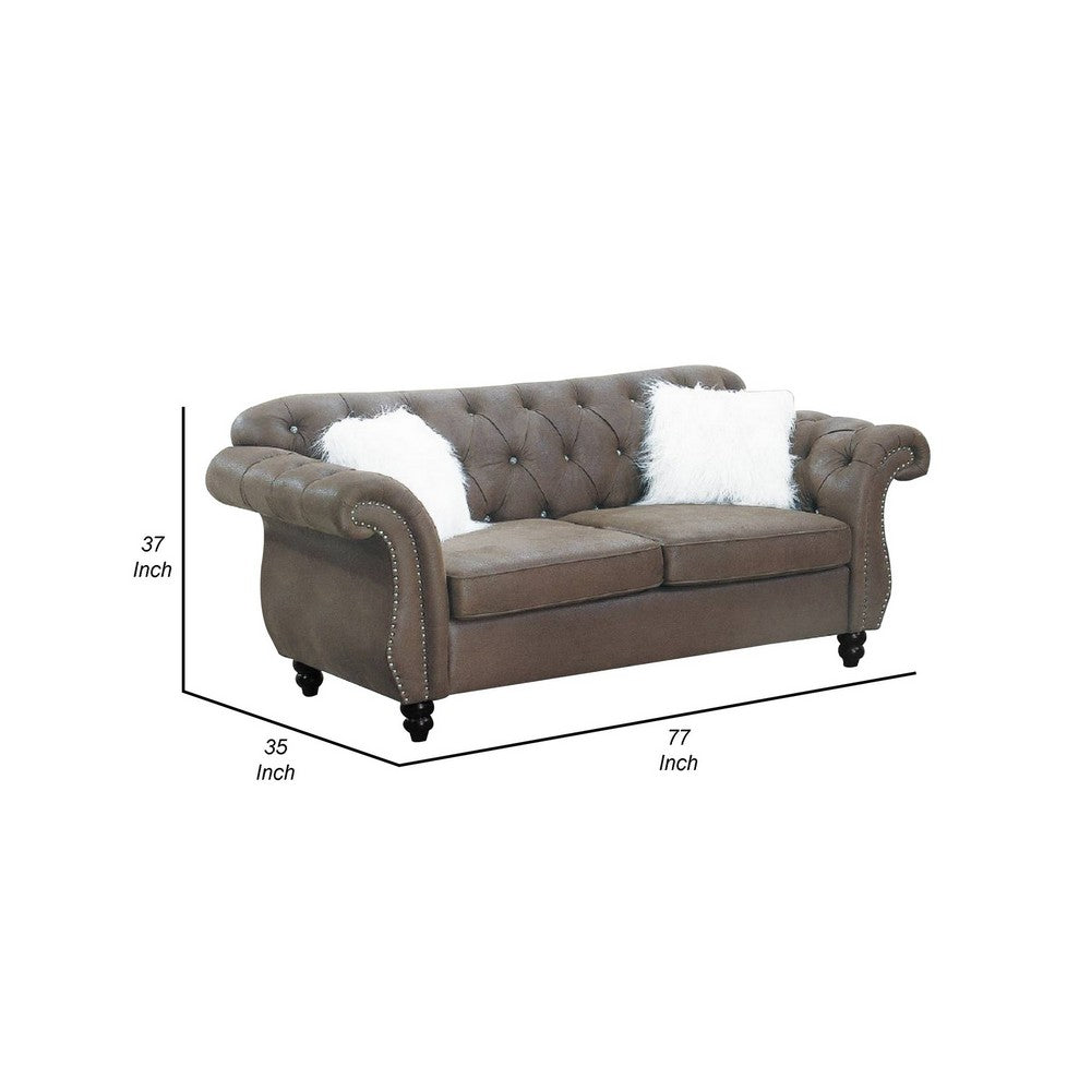 Rima 77 Inch Modern Loveseat, Faux Leather Cushions, Rolled Arms, Brown - BM298994