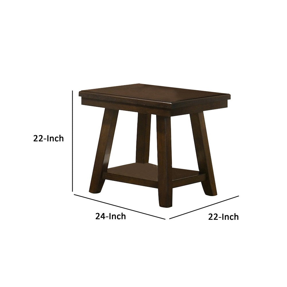24 Inch Classic Square End Table, Flared Legs, Single Shelf, Brown Wood  - BM299001